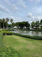 Beautiful garden with a pond and fountains