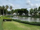 Beautiful garden with a pond and fountains