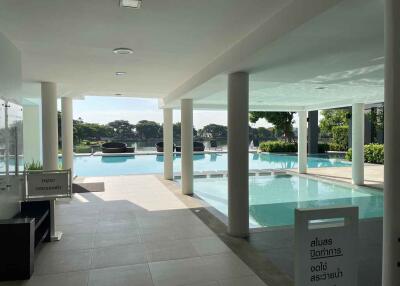 Outdoor swimming pool area with seating and greenery