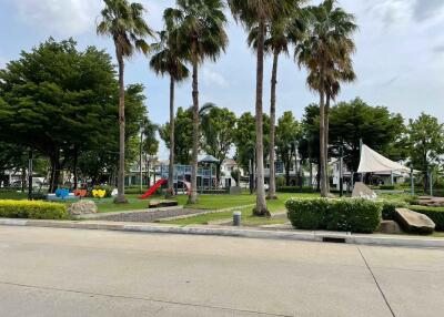 Playground and recreational area with slide and trees