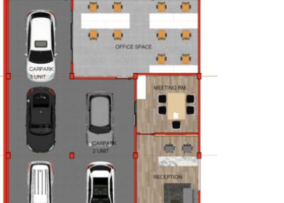 Floor plan of a building with carpark, canteen, office space, meeting rooms, reception, and foyer