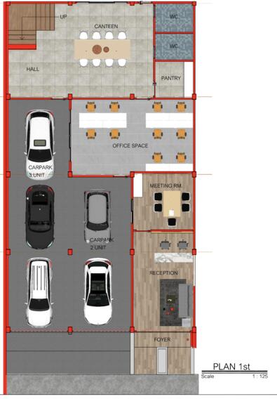 Floor plan of a building with carpark, canteen, office space, meeting rooms, reception, and foyer