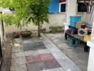 Outdoor patio with tiled walkway and tree