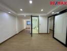 Interior view of a modern living space with glass sliding doors