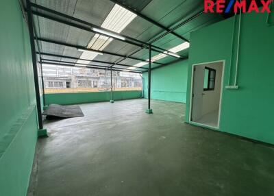 Interior view of a spacious, empty room with green walls and a metal roof