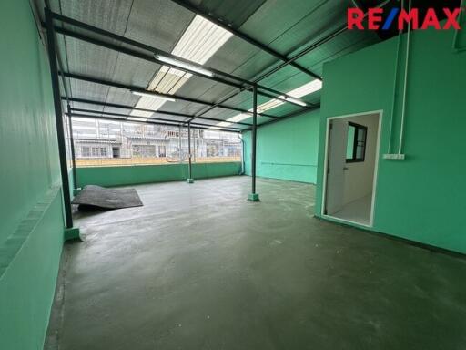 Interior view of a spacious, empty room with green walls and a metal roof