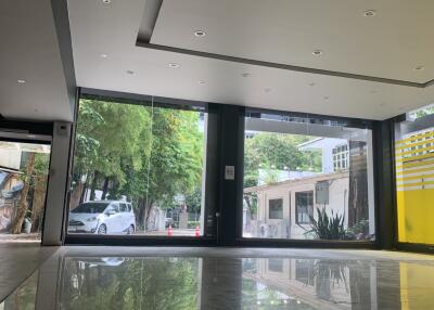 Modern lobby with large windows and polished floors