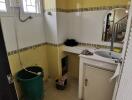 Small bathroom with yellow and white tiles