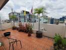 Spacious balcony with potted plants and city view