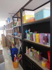 Storage area with shelves and various household items