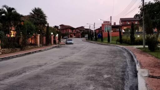 Street view of a residential area with houses and street lights