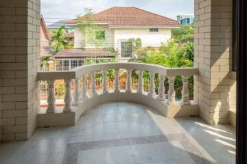 Spacious balcony with railing and view