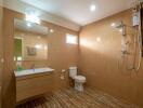 Modern bathroom with wooden-style floor tiles and wall-mounted sink