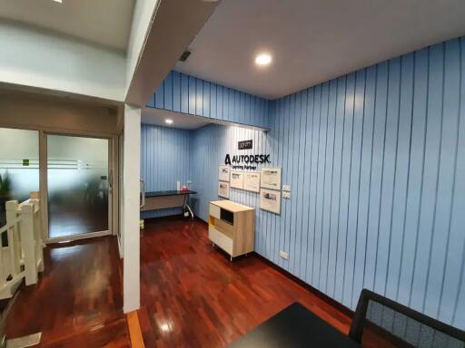 Modern office space with wooden flooring and blue wall panels