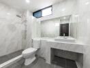 Modern bathroom with shower and large mirror