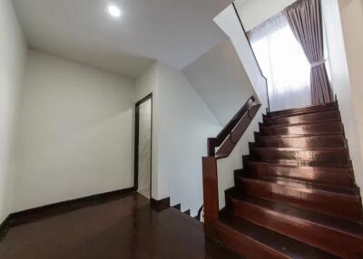 Interior staircase with dark wooden steps and a curtain-covered window