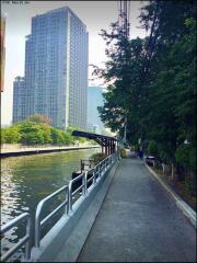 Riverside walking path with high-rise buildings in the background