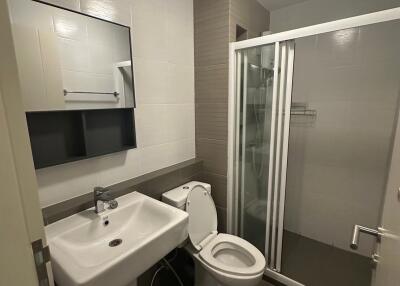 Modern bathroom with sink, toilet, and shower enclosure