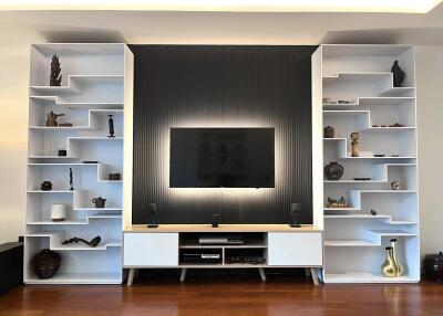 Modern living room with built-in shelves and TV