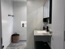 Modern bathroom with gray and white color scheme