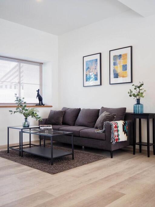 Modern living room with grey sofa and decor