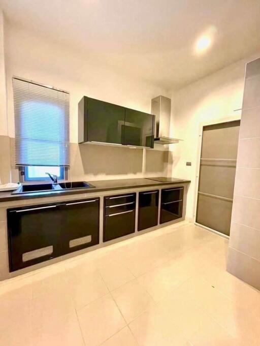 Modern kitchen with black cabinets and stainless steel appliances