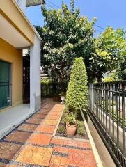 A beautifully landscaped outdoor walkway with potted plants and decorative trees.