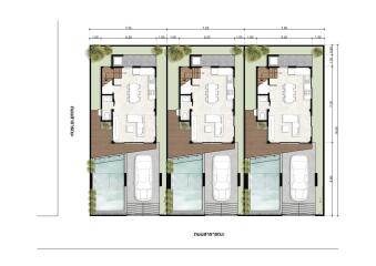 Architectural floor plan of three adjacent homes with detailed measurements