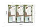 Architectural floor plan of three adjacent homes with detailed measurements