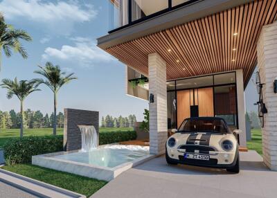 Modern house exterior with car in driveway and water feature