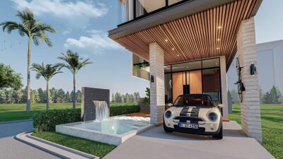 Modern house exterior with car in driveway and water feature