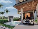 Modern house exterior with car in driveway and water feature