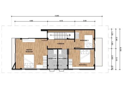 Floor plan with measurements showing master bedroom, two additional bedrooms, two bathrooms, and a corridor