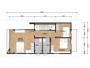 Floor plan with measurements showing master bedroom, two additional bedrooms, two bathrooms, and a corridor