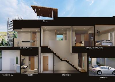 3D cross-section of a modern multi-story house