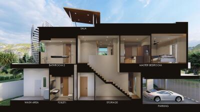 3D cross-section of a modern multi-story house