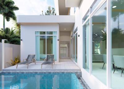 Modern backyard with pool and patio furniture