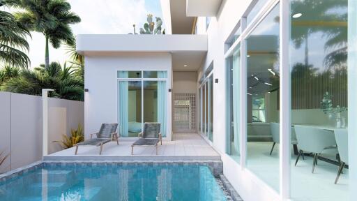 Modern backyard with pool and patio furniture
