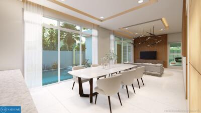 Modern dining area leading into a stylish living room with pool view