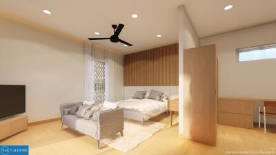 Modern bedroom with a bed, sofa, ceiling fan, and a study area