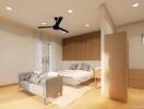 Modern bedroom with a bed, sofa, ceiling fan, and a study area