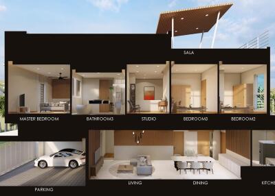 Sectioned view of a modern multi-level house showcasing various rooms