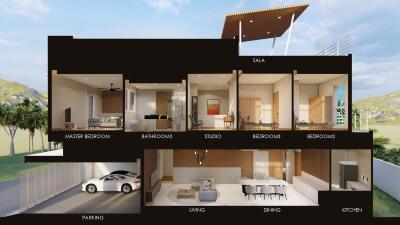 Sectioned view of a modern multi-level house showcasing various rooms