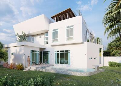 Modern two-story house with pool and outdoor lounge area