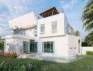 Modern two-story house with pool and outdoor lounge area