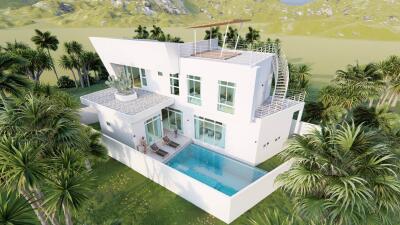 Modern white two-story house with rooftop terrace, pool, and surrounding greenery