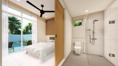 Modern bedroom with adjacent bathroom