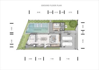 Ground floor plan including pool, dining, living, kitchen, and driveway