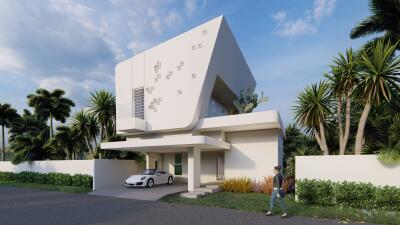 Modern two-story house with carport and greenery