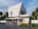 Modern two-story house with carport and greenery